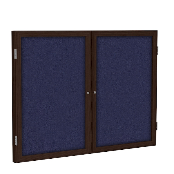 Enclosed Bulletin Board, 2 Door, Fabric, Walnut Frame, 3 ft H x 4 ft W, Blue